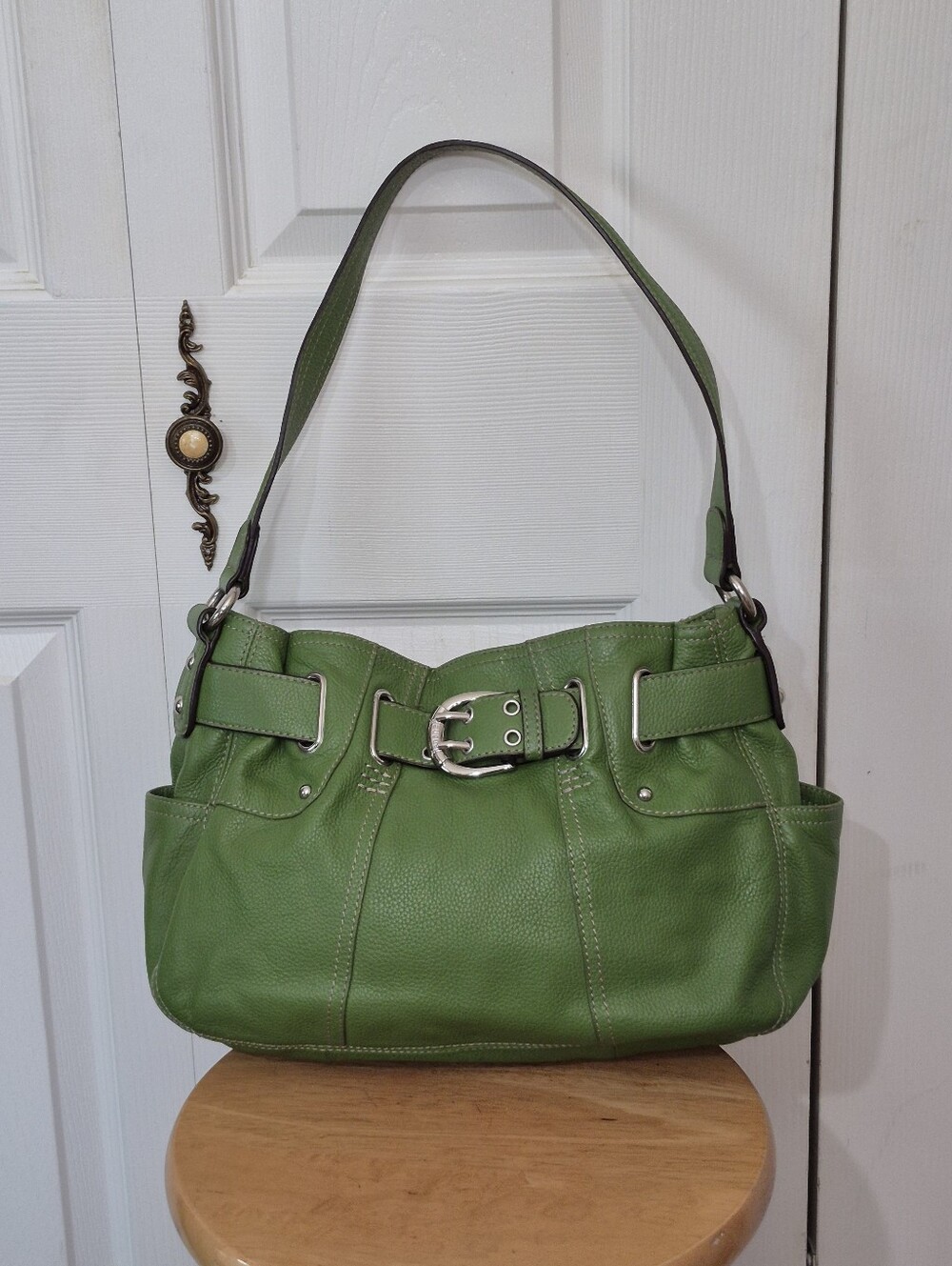 Tignanello green pebbled leather shoulder bag hobo